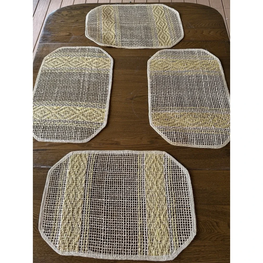 Vintage 70s Boho Open Weave Abaca Sisal‎ Placemats - Yellow & Beige - Set of 4